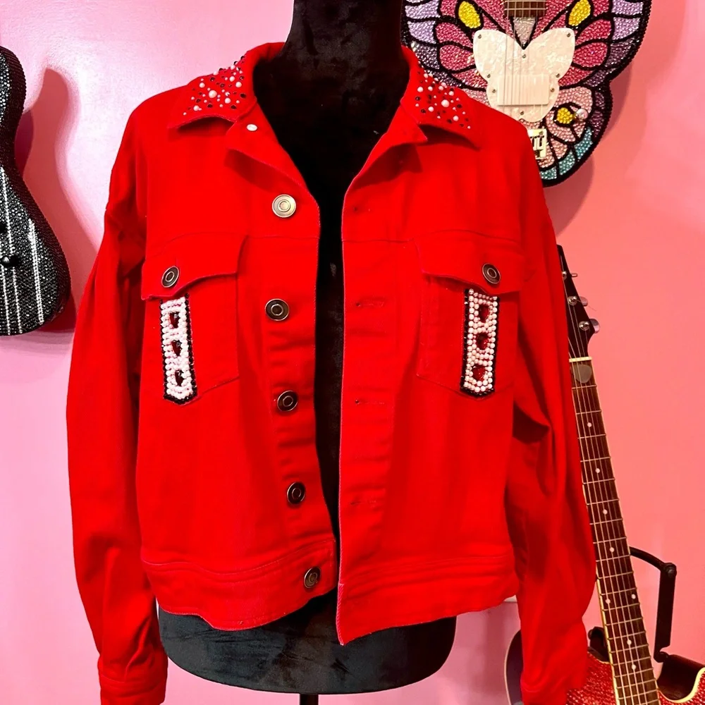 Red Rhinestone Card Design Women's Jacket - Picture 3 of 5